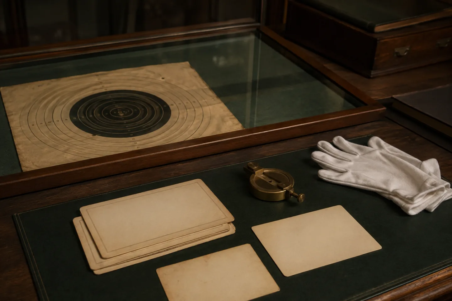 Historische Ringscheibe und leere Archivkarten unter Museumsschutz