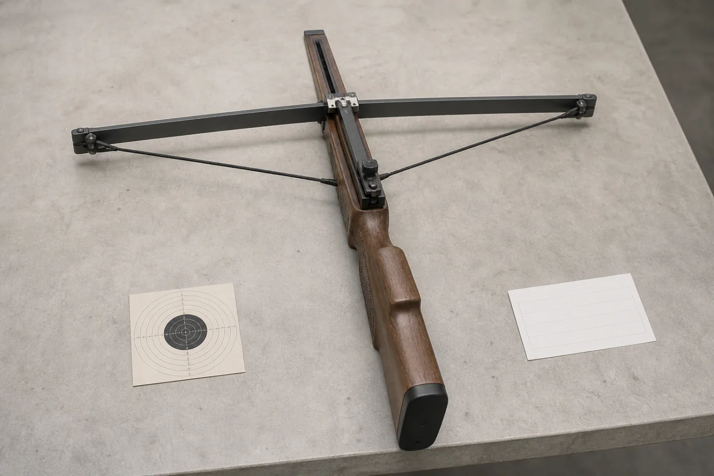 Entladene, unmarkierte Zielarmbrust auf einem Prüftisch